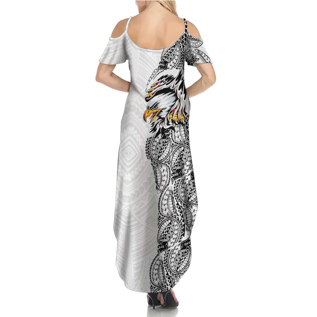 American Samoa Flag Day Summer Maxi Dress Tribal Tattoo with Eagle White LT03 - Polynesian Pride