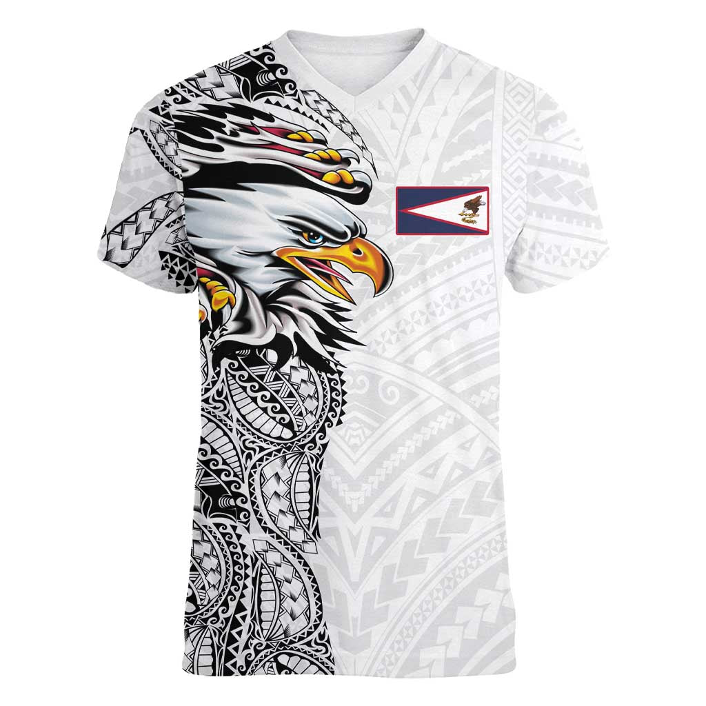 American Samoa Flag Day Women V-Neck T-Shirt Tribal Tattoo with Eagle White