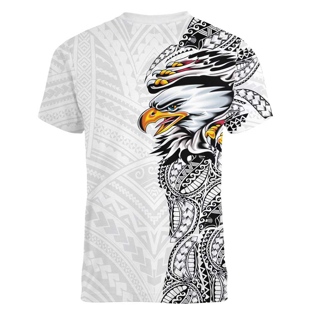 American Samoa Flag Day Women V-Neck T-Shirt Tribal Tattoo with Eagle White
