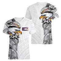 American Samoa Flag Day Women V-Neck T-Shirt Tribal Tattoo with Eagle White
