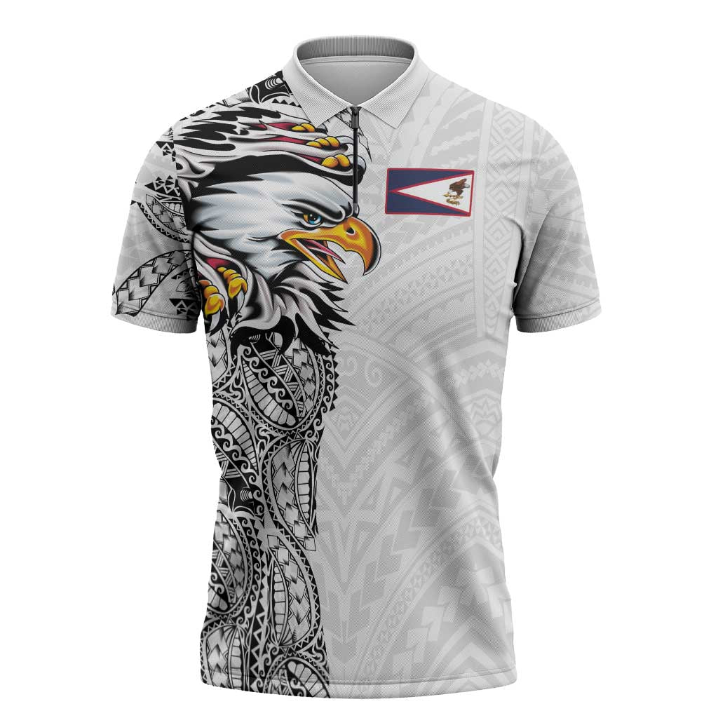 American Samoa Flag Day Zipper Polo Shirt Tribal Tattoo with Eagle White LT03 White - Polynesian Pride