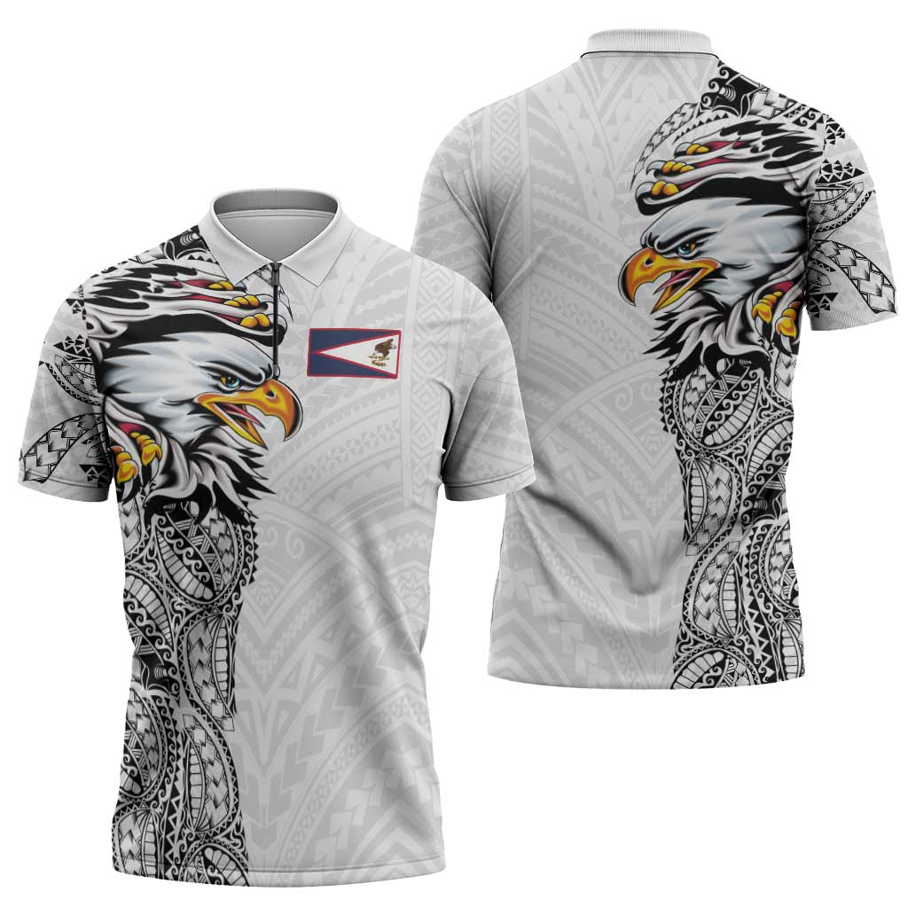 American Samoa Flag Day Zipper Polo Shirt Tribal Tattoo with Eagle White LT03 - Polynesian Pride