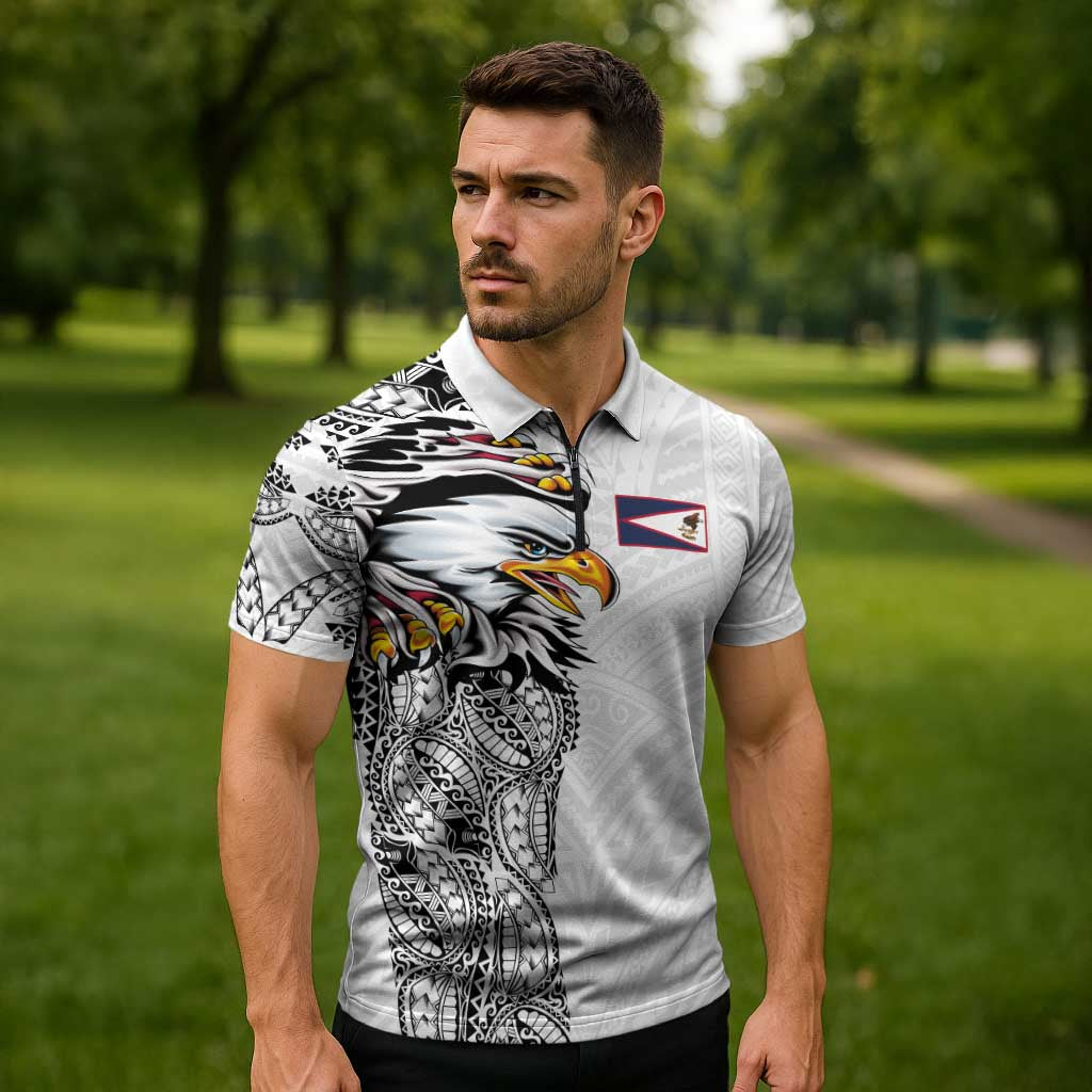 American Samoa Flag Day Zipper Polo Shirt Tribal Tattoo with Eagle White LT03 - Polynesian Pride
