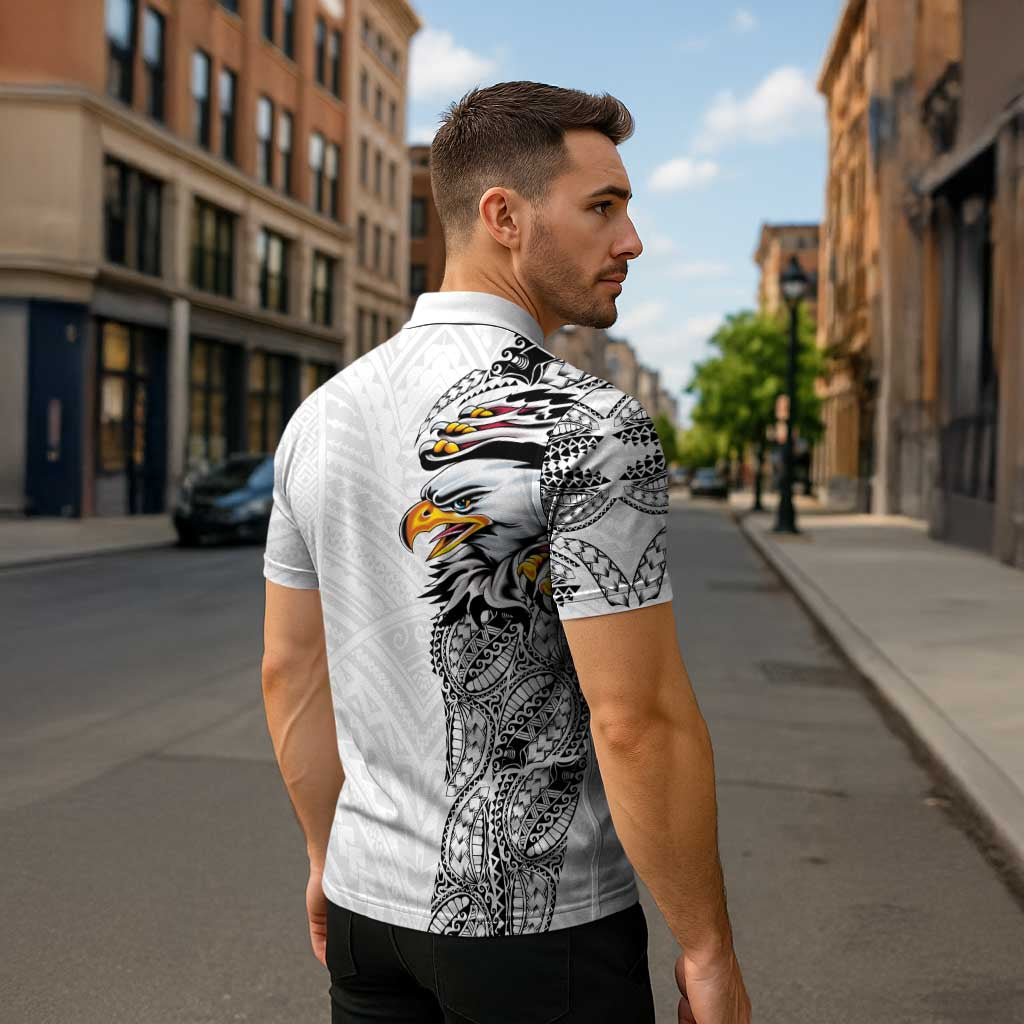 American Samoa Flag Day Zipper Polo Shirt Tribal Tattoo with Eagle White LT03 - Polynesian Pride