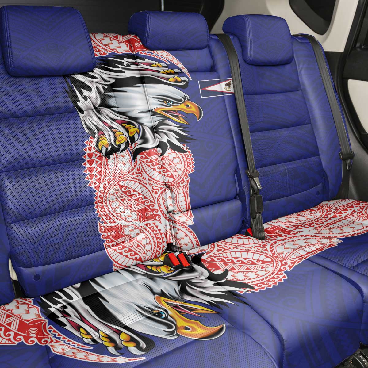 American Samoa Flag Day Back Car Seat Cover Tribal Tattoo with Eagle Blue-Red LT03 - Polynesian Pride