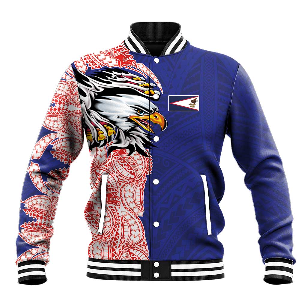 American Samoa Flag Day Baseball Jacket Tribal Tattoo with Eagle Blue-Red LT03 Unisex Blue - Polynesian Pride