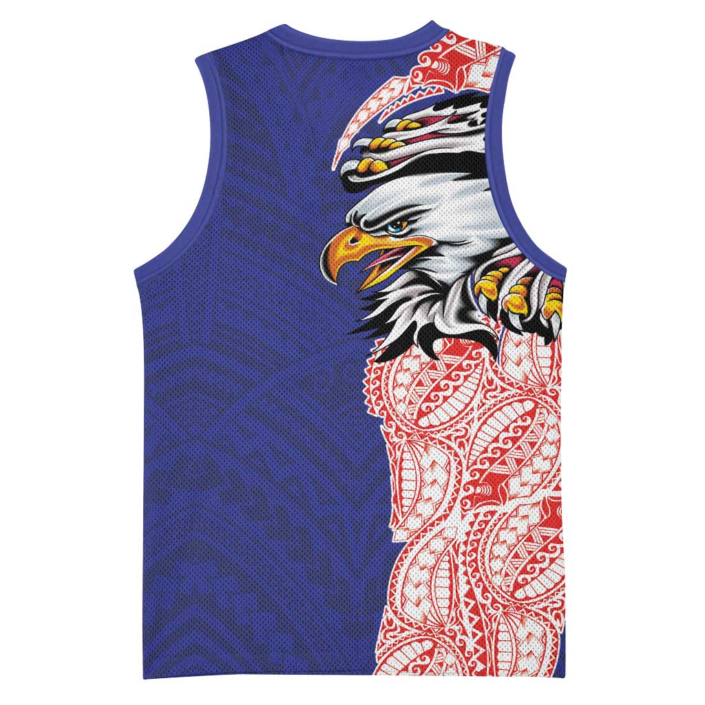 American Samoa Flag Day Basketball Jersey Tribal Tattoo with Eagle Blue-Red LT03 - Polynesian Pride