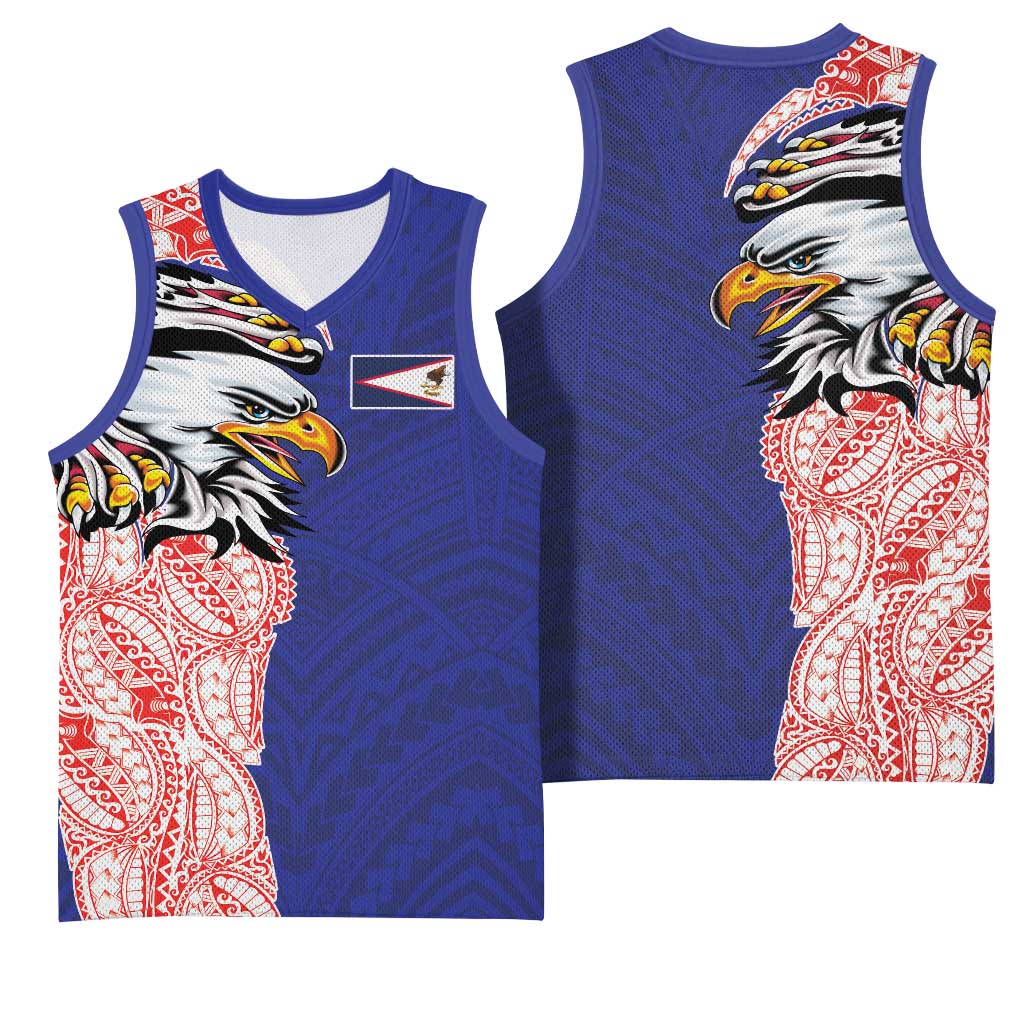 American Samoa Flag Day Basketball Jersey Tribal Tattoo with Eagle Blue-Red LT03 - Polynesian Pride