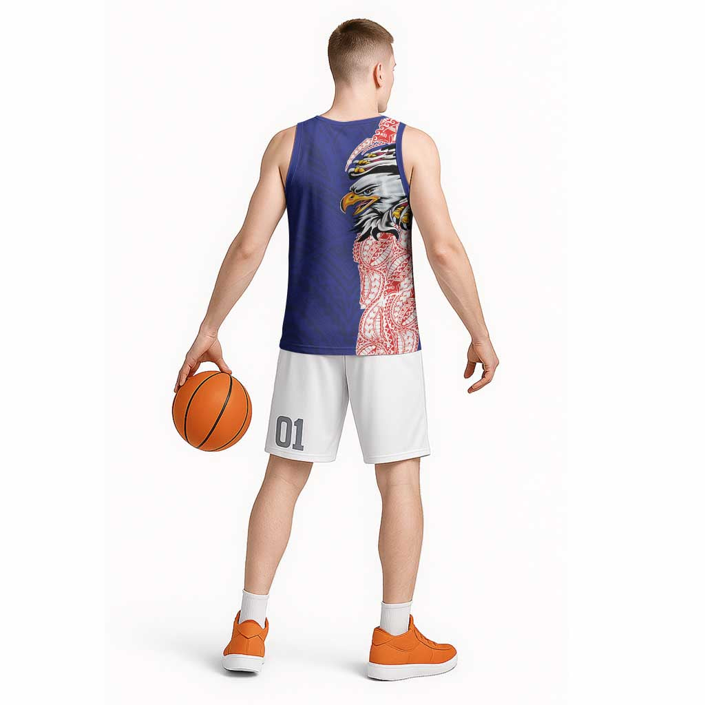 American Samoa Flag Day Basketball Jersey Tribal Tattoo with Eagle Blue-Red LT03 - Polynesian Pride
