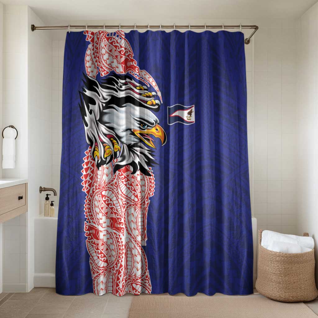 American Samoa Flag Day Bathroom Set Tribal Tattoo with Eagle Blue-Red LT03 Shower Curtain Only Blue - Polynesian Pride