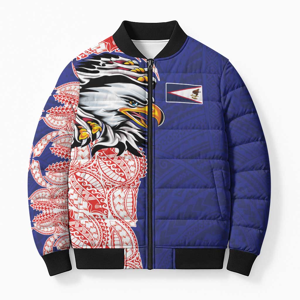 American Samoa Flag Day Bomber Puffer Jacket Tribal Tattoo with Eagle Blue-Red LT03 Unisex Blue - Polynesian Pride