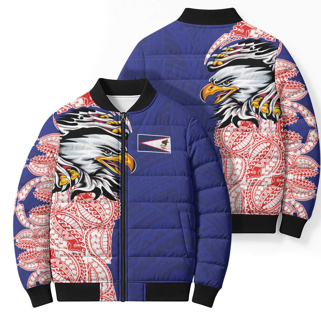 American Samoa Flag Day Bomber Puffer Jacket Tribal Tattoo with Eagle Blue-Red LT03 - Polynesian Pride