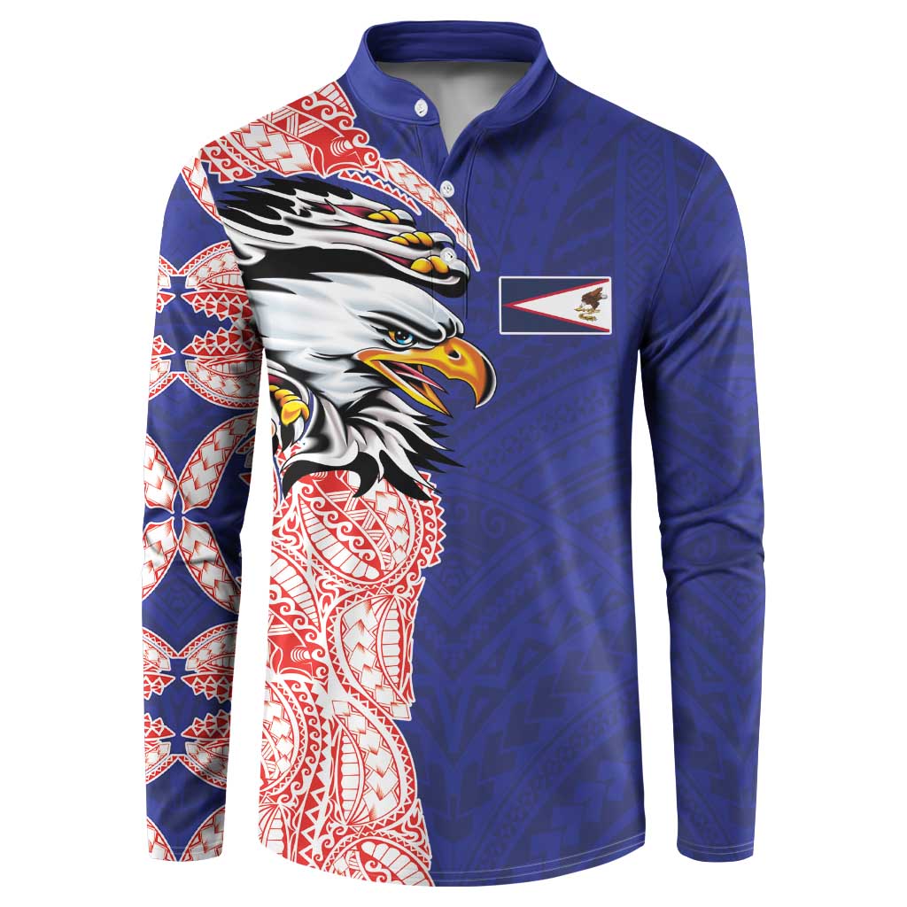 American Samoa Flag Day Button Sweatshirt Tribal Tattoo with Eagle Blue-Red LT03 Blue - Polynesian Pride