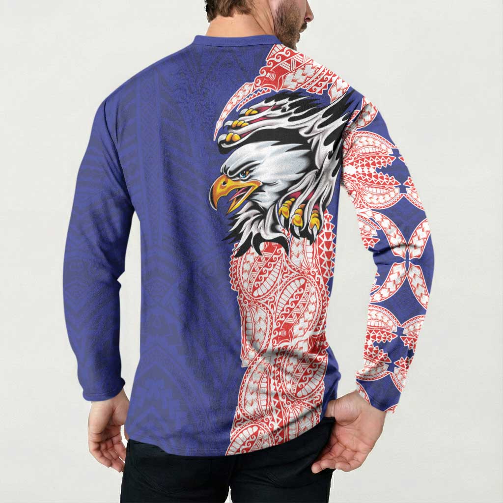 American Samoa Flag Day Button Sweatshirt Tribal Tattoo with Eagle Blue-Red LT03 - Polynesian Pride