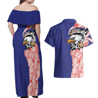 American Samoa Flag Day Couples Matching Off Shoulder Maxi Dress and Hawaiian Shirt Tribal Tattoo with Eagle Blue-Red LT03 - Polynesian Pride