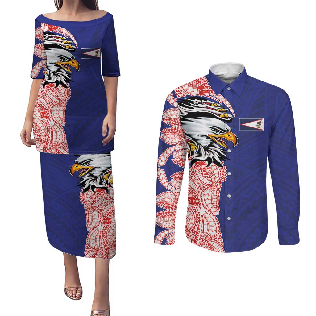 American Samoa Flag Day Couples Matching Puletasi and Long Sleeve Button Shirt Tribal Tattoo with Eagle Blue-Red LT03 Blue - Polynesian Pride