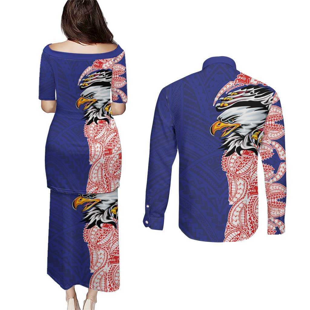 American Samoa Flag Day Couples Matching Puletasi and Long Sleeve Button Shirt Tribal Tattoo with Eagle Blue-Red LT03 - Polynesian Pride