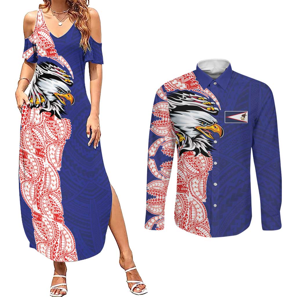 American Samoa Flag Day Couples Matching Summer Maxi Dress and Long Sleeve Button Shirt Tribal Tattoo with Eagle Blue-Red LT03 Blue - Polynesian Pride