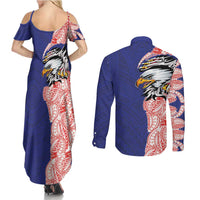American Samoa Flag Day Couples Matching Summer Maxi Dress and Long Sleeve Button Shirt Tribal Tattoo with Eagle Blue-Red LT03 - Polynesian Pride
