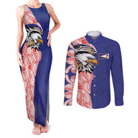American Samoa Flag Day Couples Matching Tank Maxi Dress and Long Sleeve Button Shirt Tribal Tattoo with Eagle Blue-Red LT03 Blue - Polynesian Pride