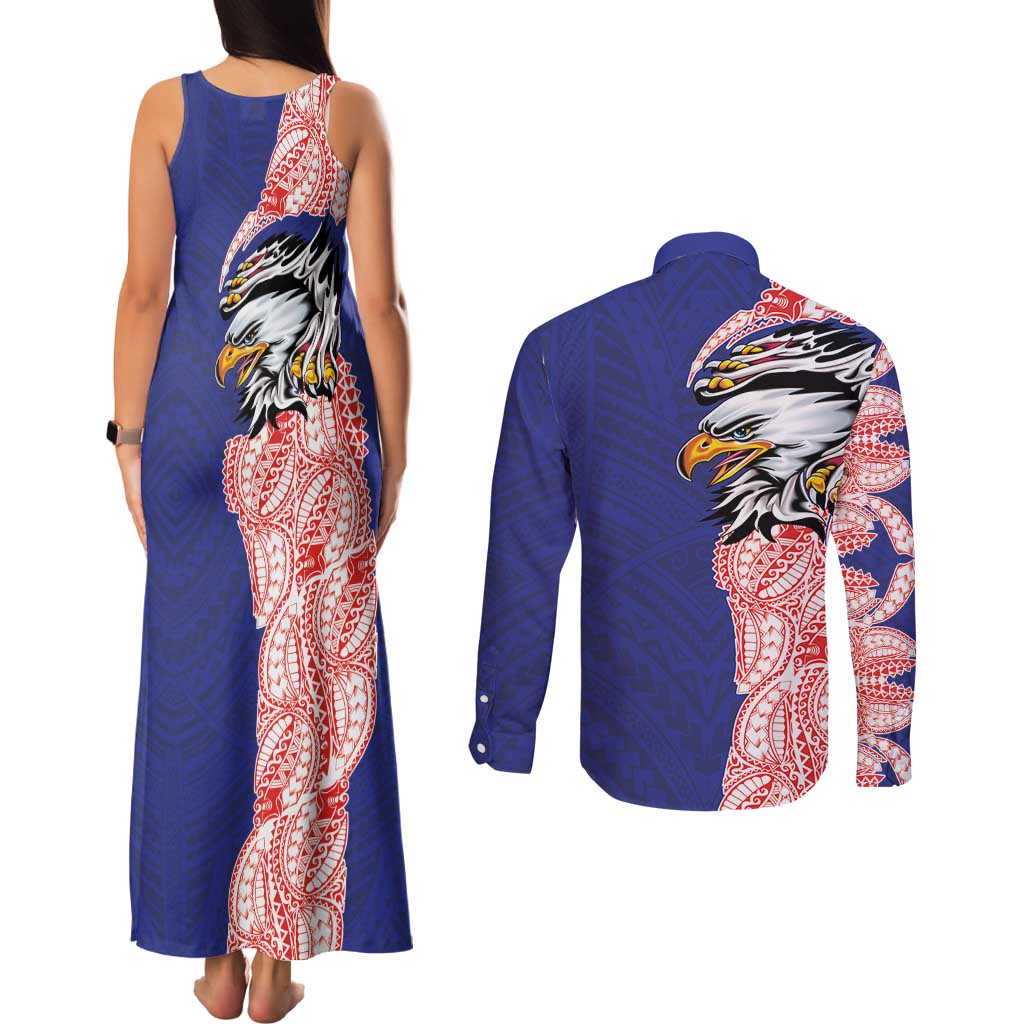 American Samoa Flag Day Couples Matching Tank Maxi Dress and Long Sleeve Button Shirt Tribal Tattoo with Eagle Blue-Red LT03 - Polynesian Pride