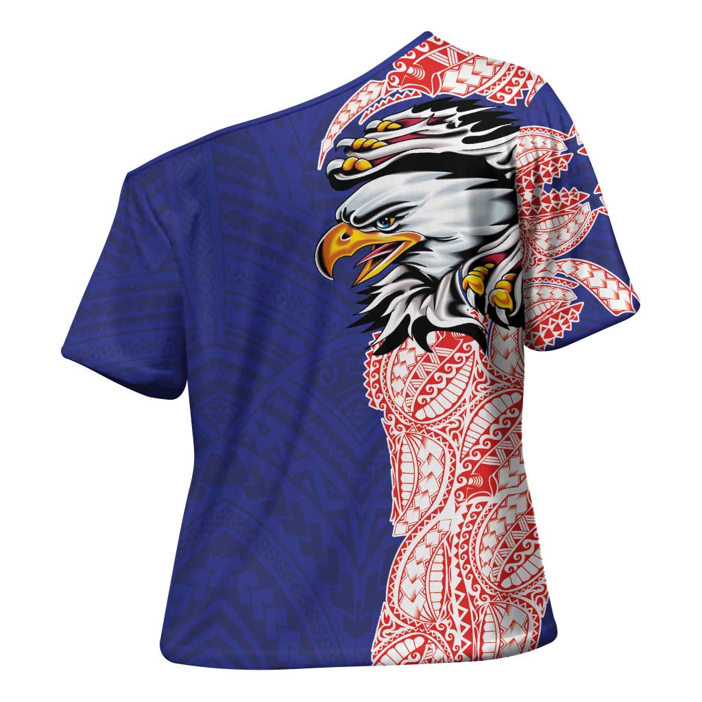 American Samoa Flag Day Cross Shoulder Shirt Tribal Tattoo with Eagle Blue-Red LT03 - Polynesian Pride