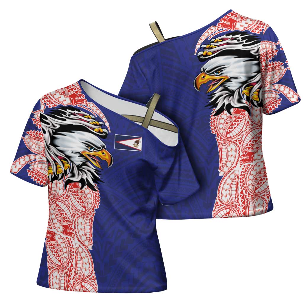 American Samoa Flag Day Cross Shoulder Shirt Tribal Tattoo with Eagle Blue-Red LT03 - Polynesian Pride