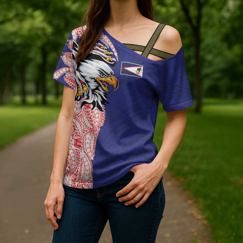 American Samoa Flag Day Cross Shoulder Shirt Tribal Tattoo with Eagle Blue-Red LT03 - Polynesian Pride