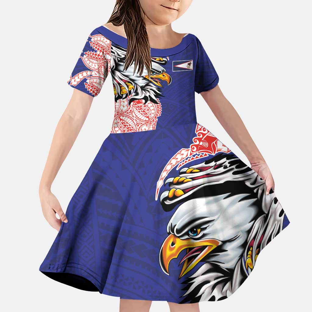 American Samoa Flag Day Family Matching Long Sleeve Bodycon Dress and Hawaiian Shirt Tribal Tattoo with Eagle Blue-Red