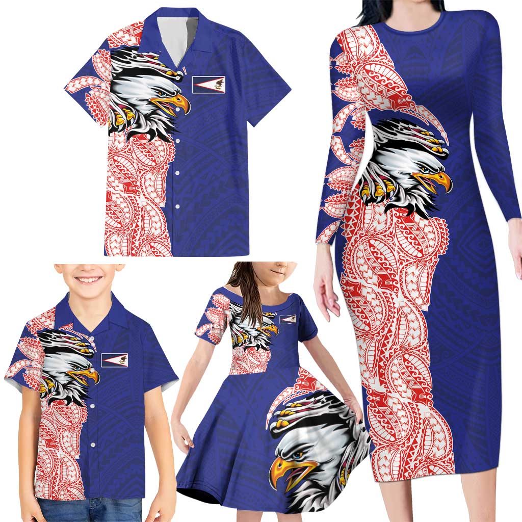 American Samoa Flag Day Family Matching Long Sleeve Bodycon Dress and Hawaiian Shirt Tribal Tattoo with Eagle Blue-Red LT03 - Polynesian Pride