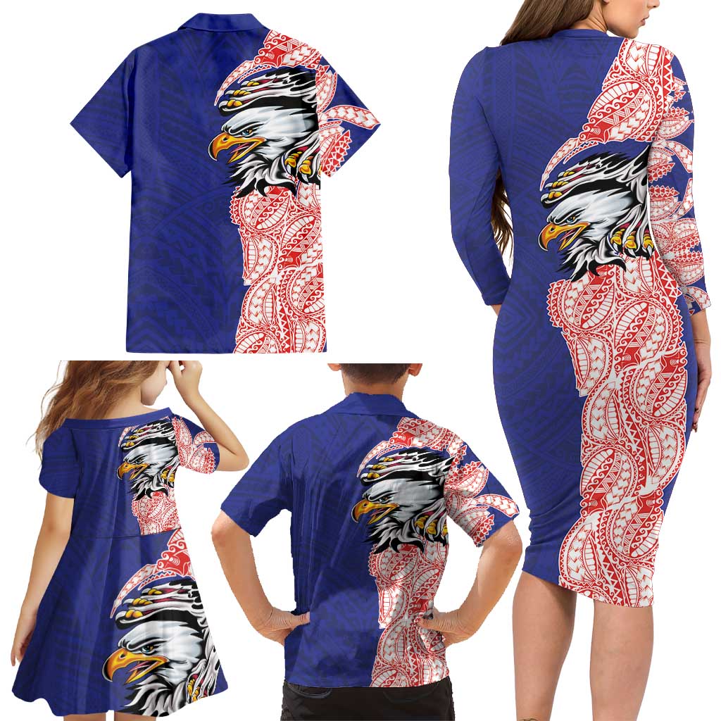 American Samoa Flag Day Family Matching Long Sleeve Bodycon Dress and Hawaiian Shirt Tribal Tattoo with Eagle Blue-Red