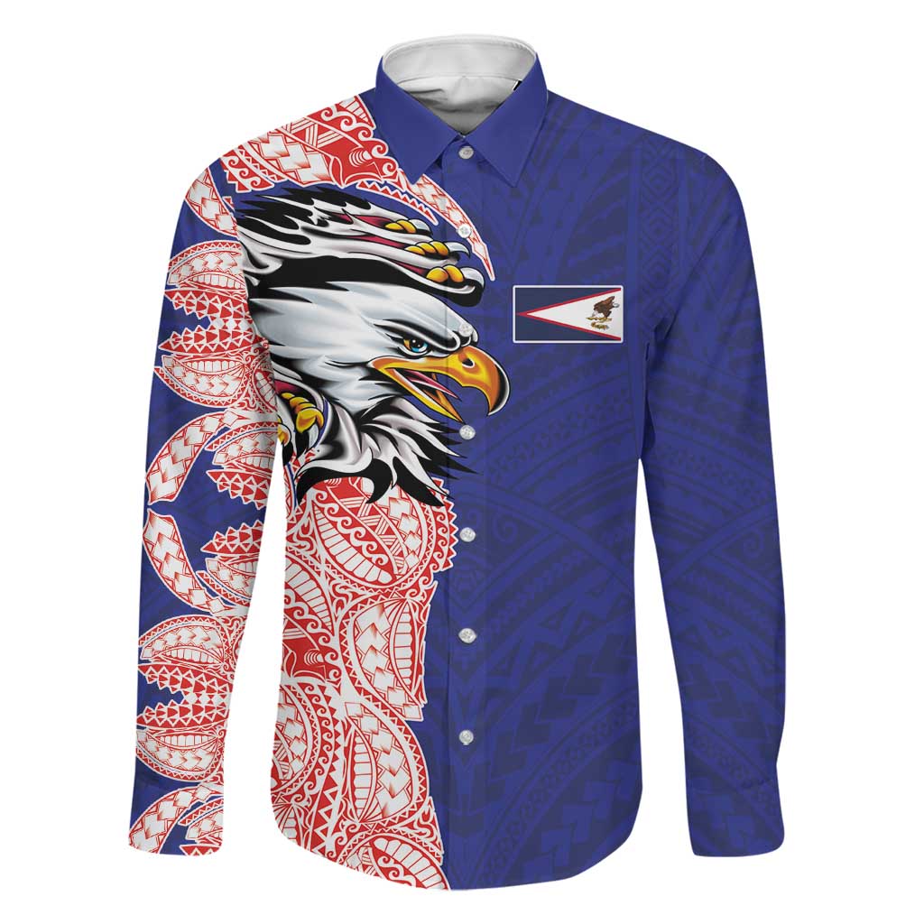 American Samoa Flag Day Family Matching Long Sleeve Bodycon Dress and Hawaiian Shirt Tribal Tattoo with Eagle Blue-Red