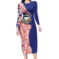 American Samoa Flag Day Family Matching Long Sleeve Bodycon Dress and Hawaiian Shirt Tribal Tattoo with Eagle Blue-Red