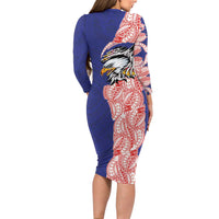American Samoa Flag Day Family Matching Long Sleeve Bodycon Dress and Hawaiian Shirt Tribal Tattoo with Eagle Blue-Red
