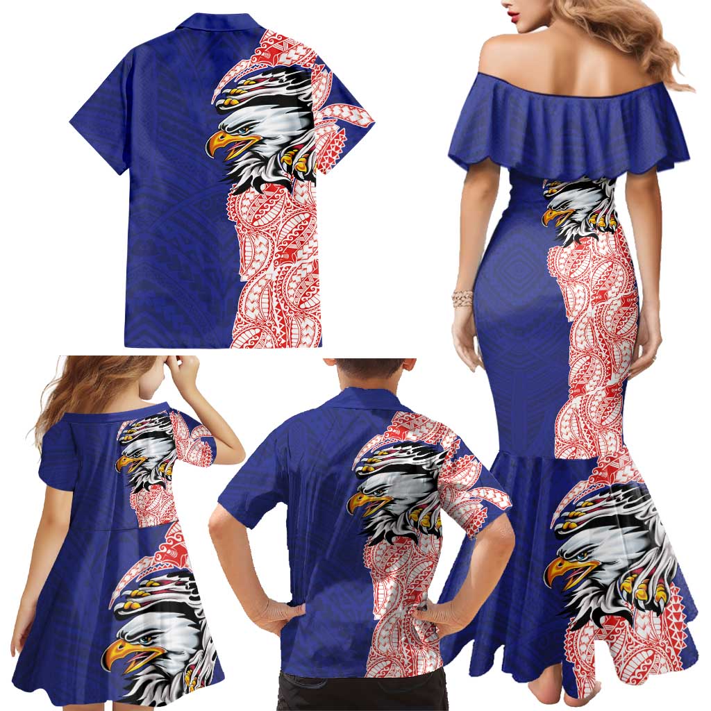 American Samoa Flag Day Family Matching Mermaid Dress and Hawaiian Shirt Tribal Tattoo with Eagle Blue-Red