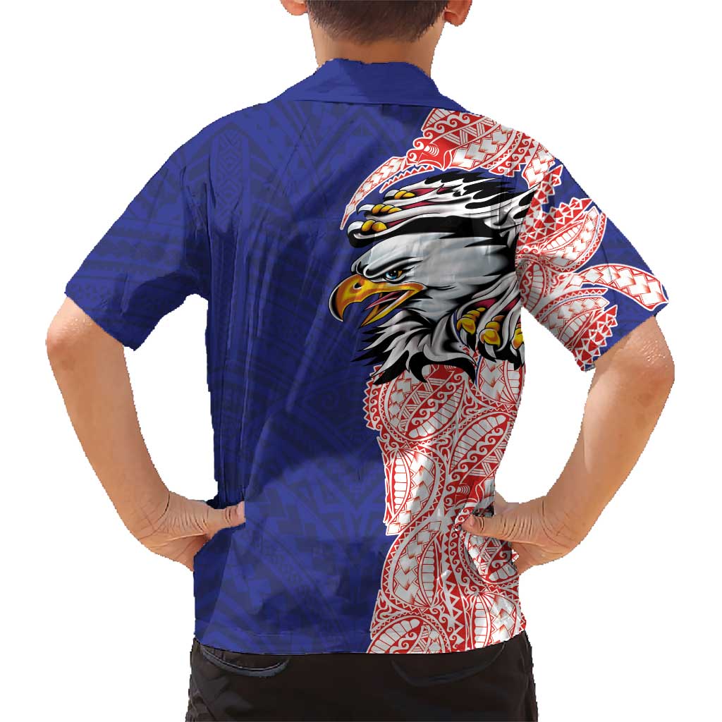 American Samoa Flag Day Family Matching Short Sleeve Bodycon Dress and Hawaiian Shirt Tribal Tattoo with Eagle Blue-Red