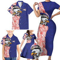 American Samoa Flag Day Family Matching Short Sleeve Bodycon Dress and Hawaiian Shirt Tribal Tattoo with Eagle Blue-Red