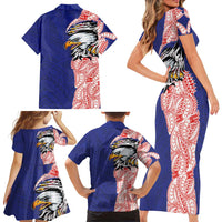 American Samoa Flag Day Family Matching Short Sleeve Bodycon Dress and Hawaiian Shirt Tribal Tattoo with Eagle Blue-Red
