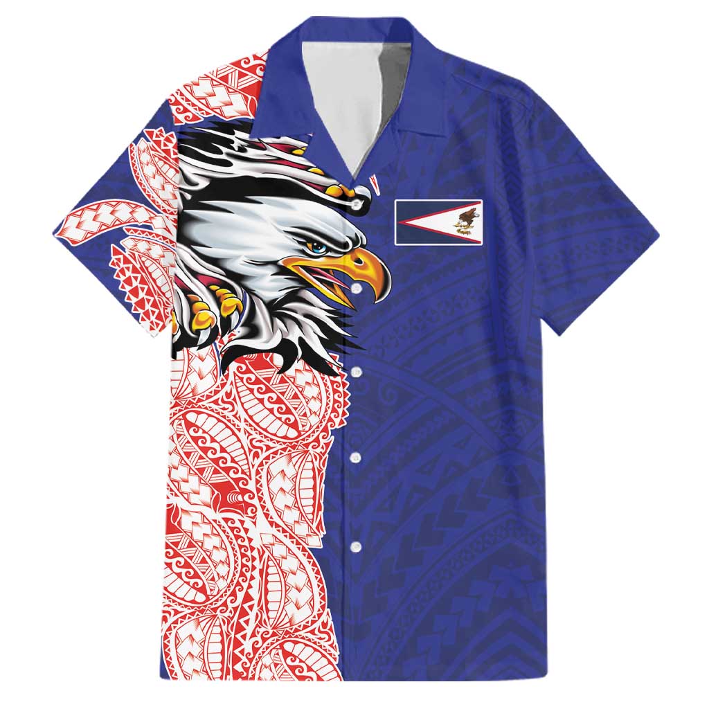 American Samoa Flag Day Family Matching Short Sleeve Bodycon Dress and Hawaiian Shirt Tribal Tattoo with Eagle Blue-Red
