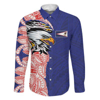 American Samoa Flag Day Family Matching Short Sleeve Bodycon Dress and Hawaiian Shirt Tribal Tattoo with Eagle Blue-Red