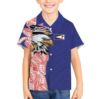 American Samoa Flag Day Family Matching Short Sleeve Bodycon Dress and Hawaiian Shirt Tribal Tattoo with Eagle Blue-Red
