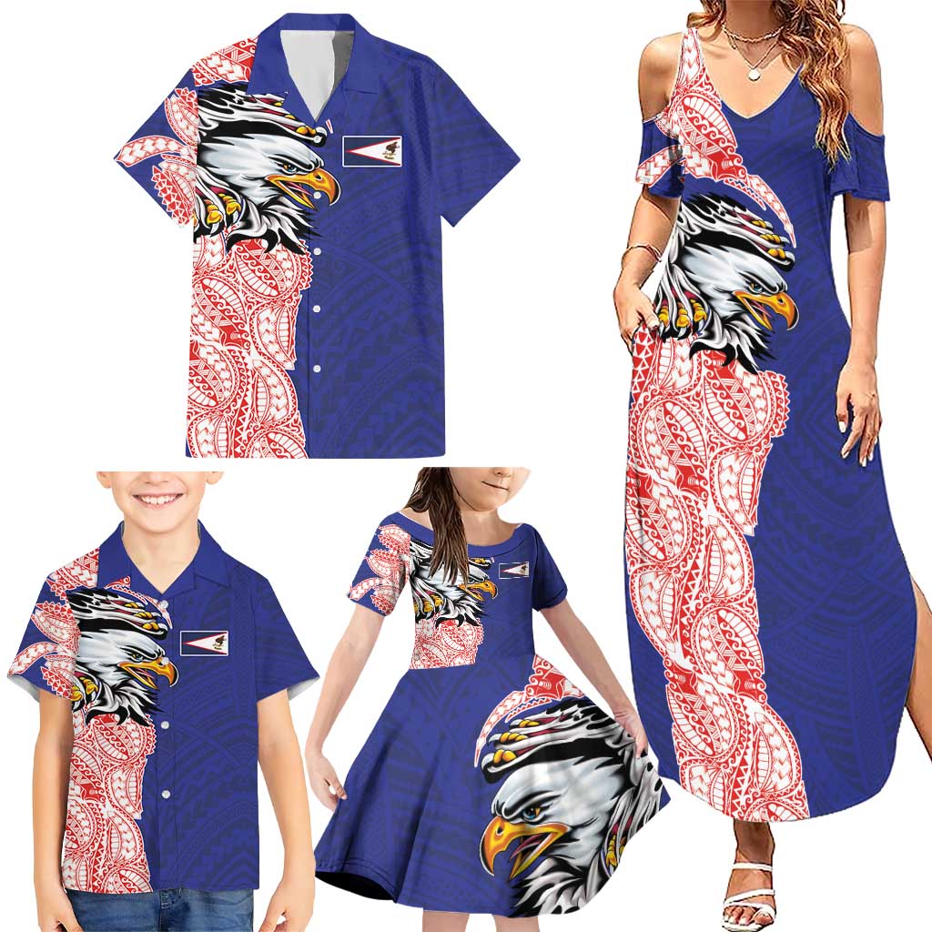 American Samoa Flag Day Family Matching Summer Maxi Dress and Hawaiian Shirt Tribal Tattoo with Eagle Blue-Red