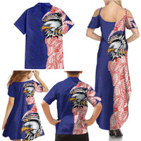 American Samoa Flag Day Family Matching Summer Maxi Dress and Hawaiian Shirt Tribal Tattoo with Eagle Blue-Red