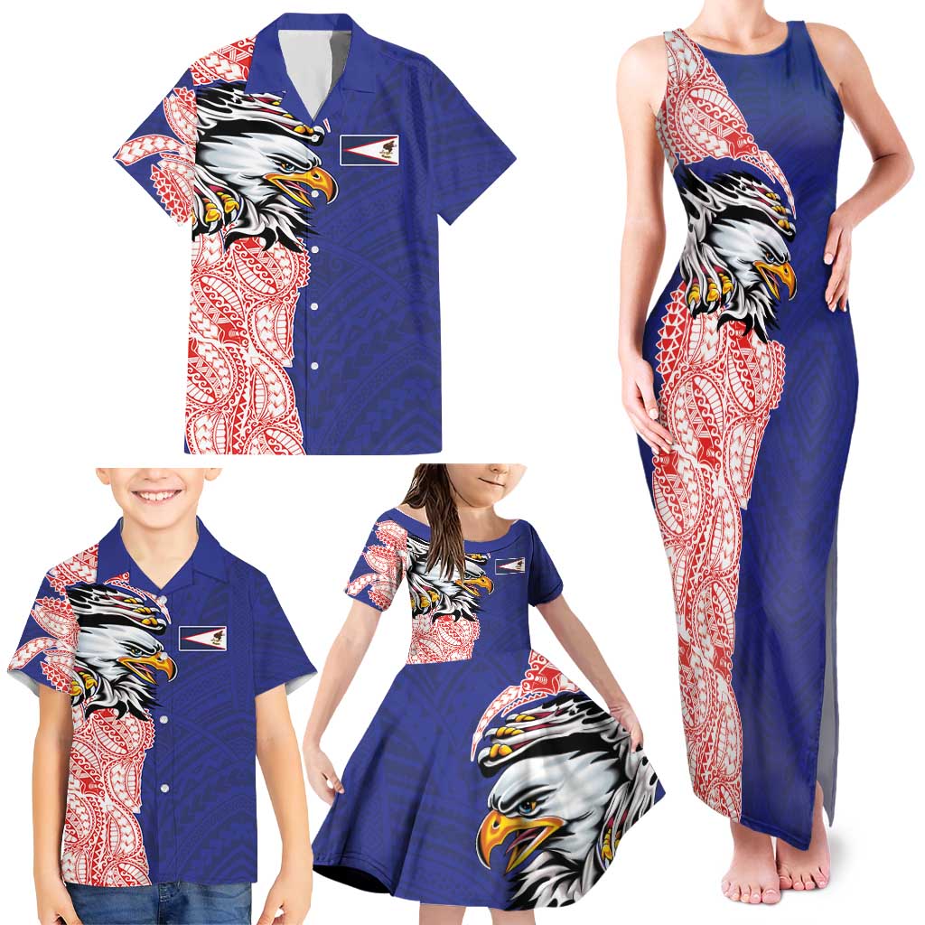 American Samoa Flag Day Family Matching Tank Maxi Dress and Hawaiian Shirt Tribal Tattoo with Eagle Blue-Red LT03 - Polynesian Pride