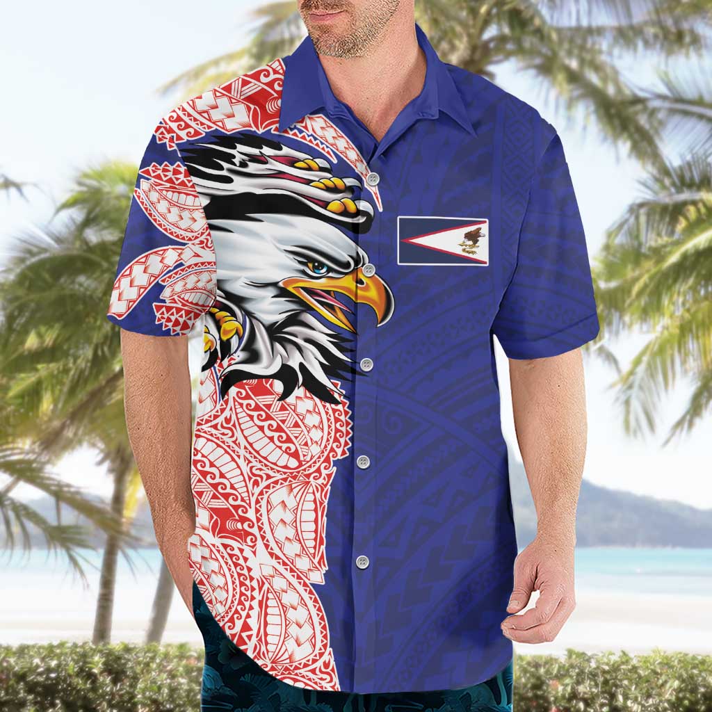 American Samoa Flag Day Hawaiian Shirt Tribal Tattoo with Eagle Blue-Red
