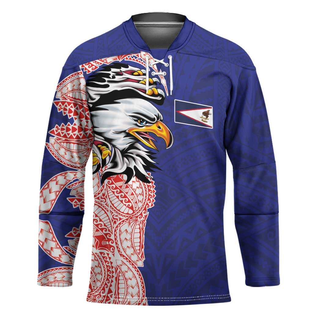 American Samoa Flag Day Hockey Jersey Tribal Tattoo with Eagle Blue-Red LT03 Unisex Blue - Polynesian Pride