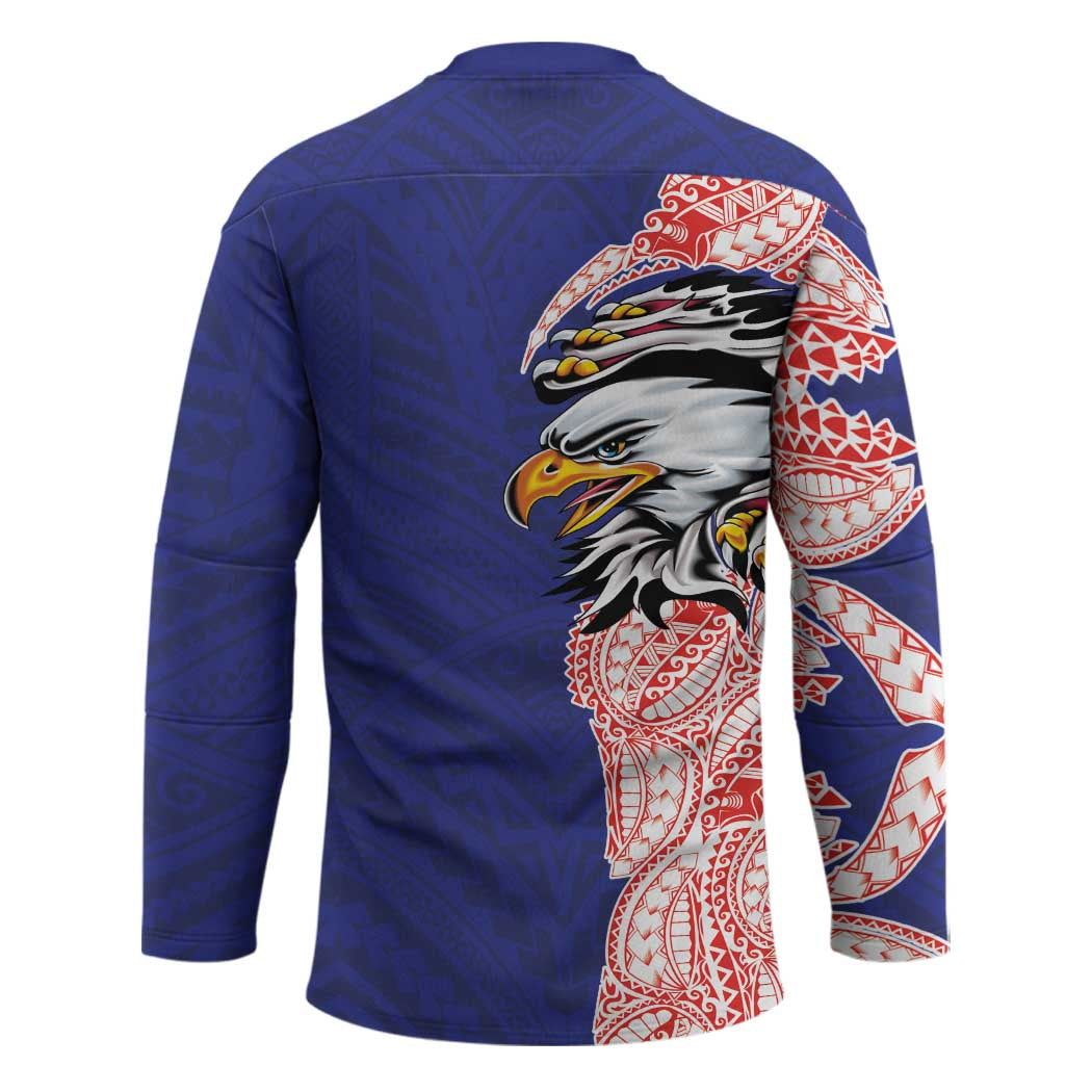 American Samoa Flag Day Hockey Jersey Tribal Tattoo with Eagle Blue-Red LT03 - Polynesian Pride