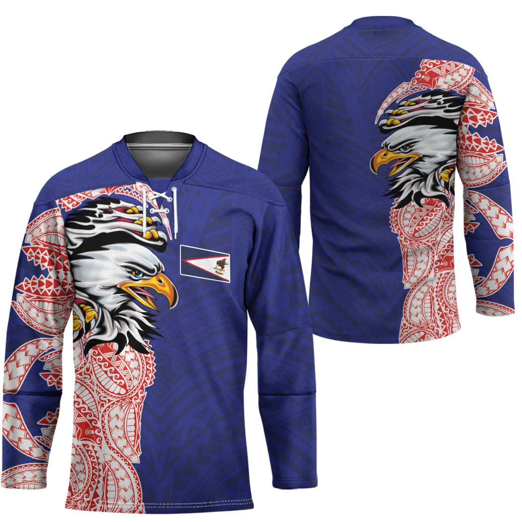 American Samoa Flag Day Hockey Jersey Tribal Tattoo with Eagle Blue-Red LT03 - Polynesian Pride
