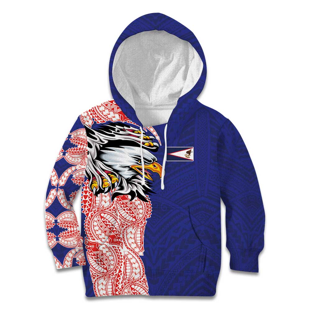 American Samoa Flag Day Kid Hoodie Tribal Tattoo with Eagle Blue-Red LT03 Hoodie Blue - Polynesian Pride