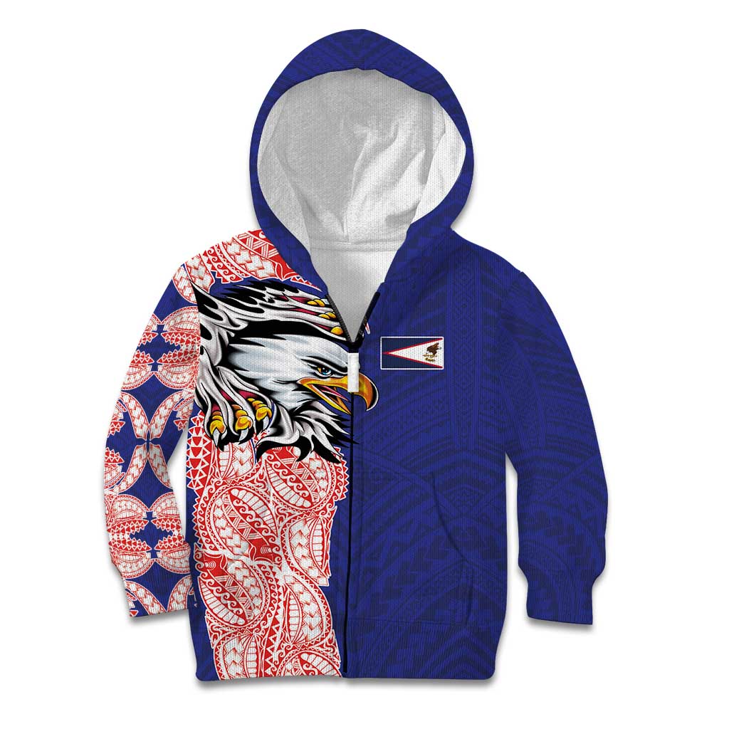 American Samoa Flag Day Kid Hoodie Tribal Tattoo with Eagle Blue-Red LT03 Zip Hoodie Blue - Polynesian Pride